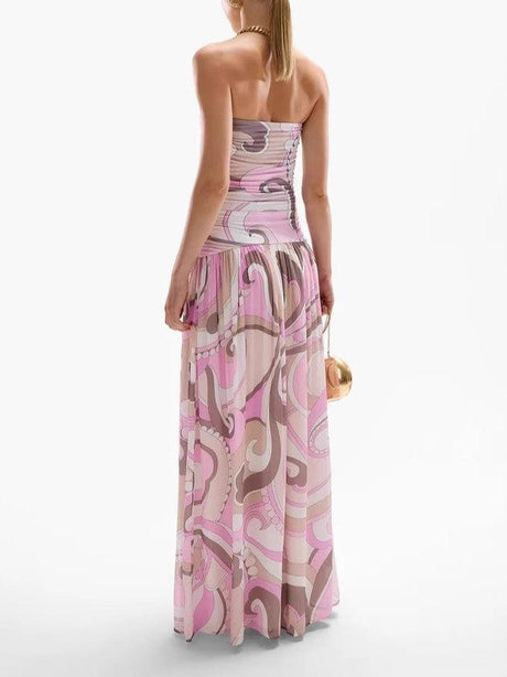 Aurohaya Elegant Swirl Vintage Print Drop Waist Maxi Dress