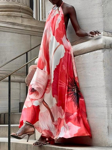 Aurohaya Exquisite Casual Halterneck Floral Print Maxi Dress
