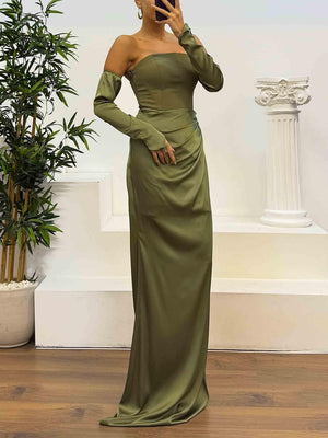 Aurohaya Elegant Strapless Satin Evening Maxi Dress