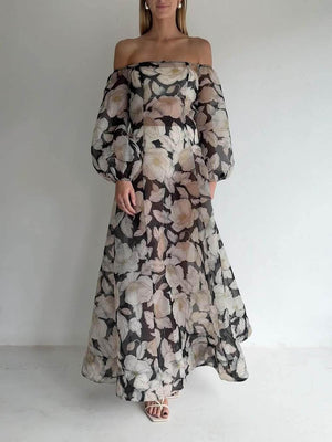 Aurohaya Elegant Off-Shoulder Printed Puff Sleeve Maxi Dress