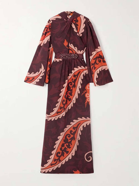 Aurohaya Unique Vintage Paisley Print Satin Belted Maxi Dress