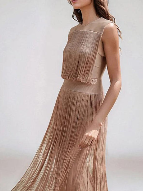 Aurohaya Elegant Sleeveless High Waist Slim Tassel Midi Dress