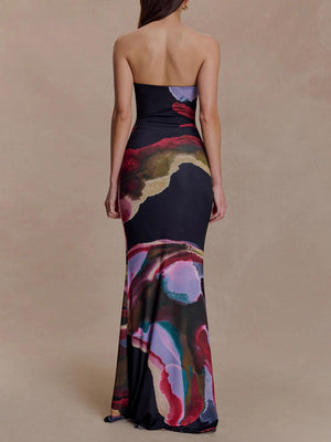 Aurohaya Exquisite Strapless Abstract Print Bodycon Maxi Dress
