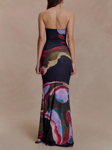 Aurohaya Exquisite Strapless Abstract Print Bodycon Maxi Dress