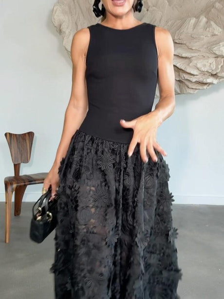 Aurohaya Exquisite Lace Embroidered Sleeveless Midi Dress