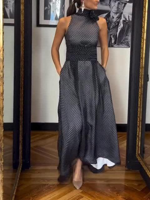 Aurohaya Elegant Halterneck Polka Dot Print Maxi Dress Black