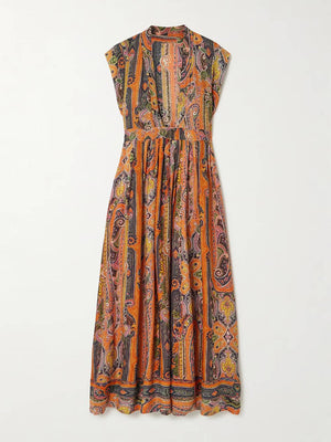 Aurohaya Delicate Belted Paisley Print Satin Maxi Dress