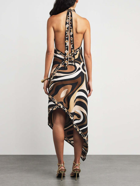 Aurohaya Exquisite Satin Irregular Print Halterneck Midi Dress