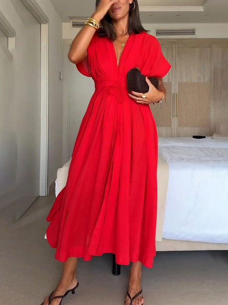 Aurohaya Elegant V-neck Drawstring Pleated Midi Dress