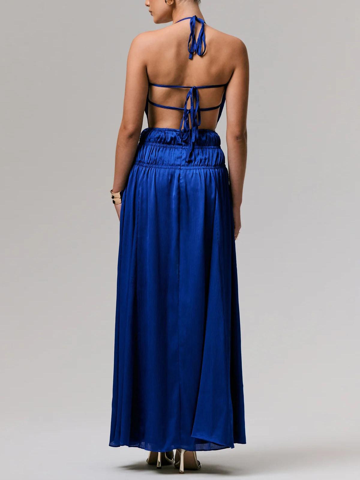 Aurohaya Exquisite Halterneck Lace-up Deep V-neck Satin Maxi Dress