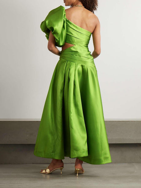 Aurohaya Unique One-Shoulder Gathered Printed Satin-Twill Maxi Dress