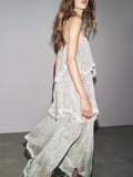 Retro Floral-Print Tiered Lace-Paneled Chiffon Maxi Dress