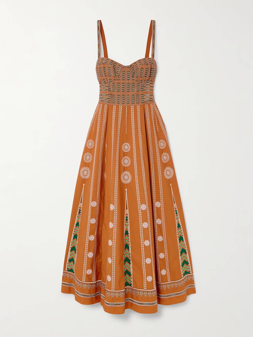 Aurohaya Elegant Off-Shoulder Retro-Print Pleated Midi Dress