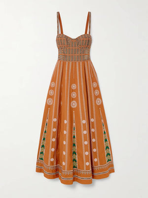 Aurohaya Elegant Off-Shoulder Retro-Print Pleated Midi Dress