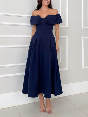 Aurohaya Elegant One-shoulder Bow Tie A-line Midi Dress