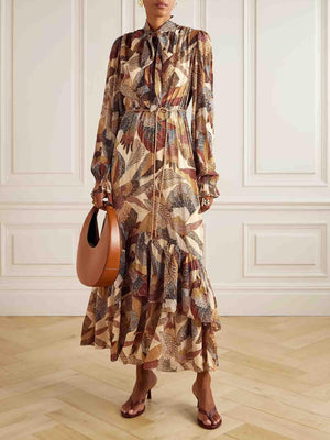 Aurohaya Exquisite Bohemian Print Belted Maxi Dress Cream