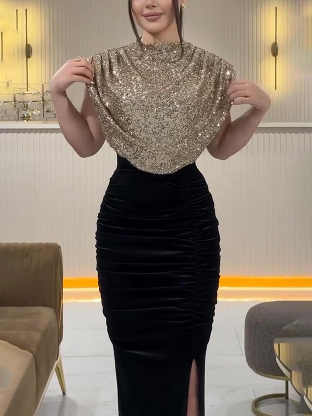 Aurohaya Sequin Panel Sleeveless Party Slit Dress