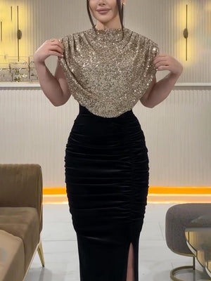 Aurohaya Sequin Panel Sleeveless Party Slit Dress