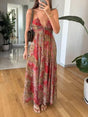 Aurohaya Retro Plant Print V-neck Suspender Maxi Dress Red