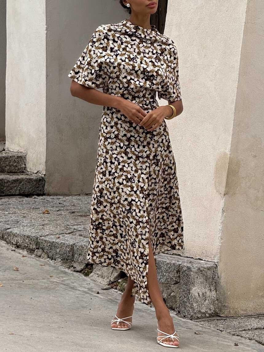 Aurohaya Elegant Satin Floral Print Slit Midi Dress