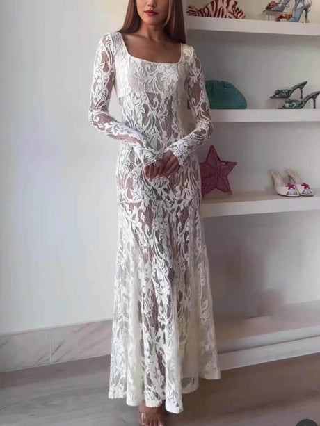 Aurohaya Exquisite Lace Square-neck Long-sleeved Maxi Dress