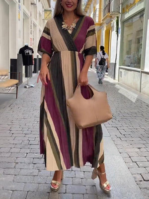 Aurohaya Elegant Irregular Stripe Print Pleated Maxi Dress