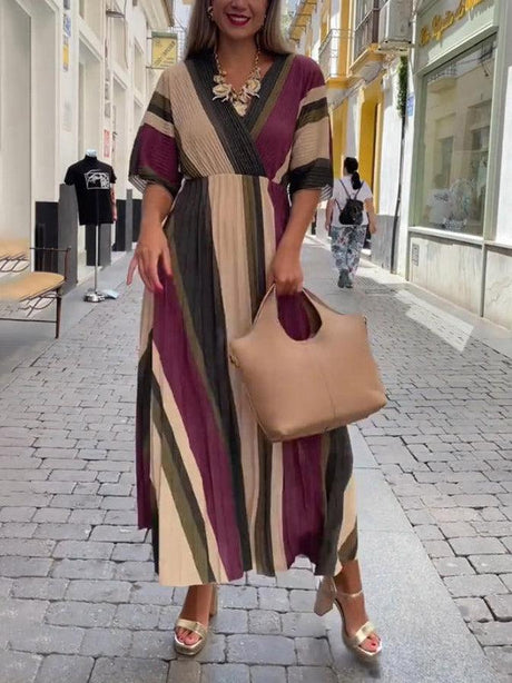 Aurohaya Elegant Irregular Stripe Print Pleated Maxi Dress
