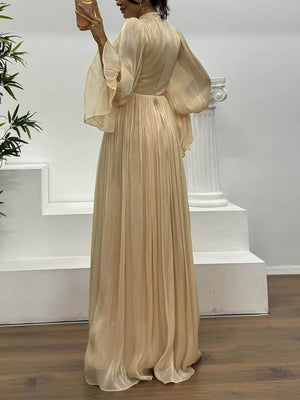 Aurohaya Fashionable Pleated Waist Long-Sleeved Chiffon Evening Maxi Dress