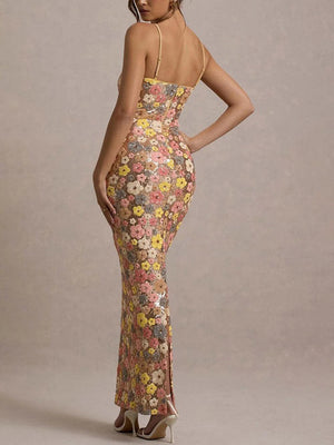 Aurohaya Retro Inspired Floral Print Sequin Square Neck Slip Stretch Maxi Dress
