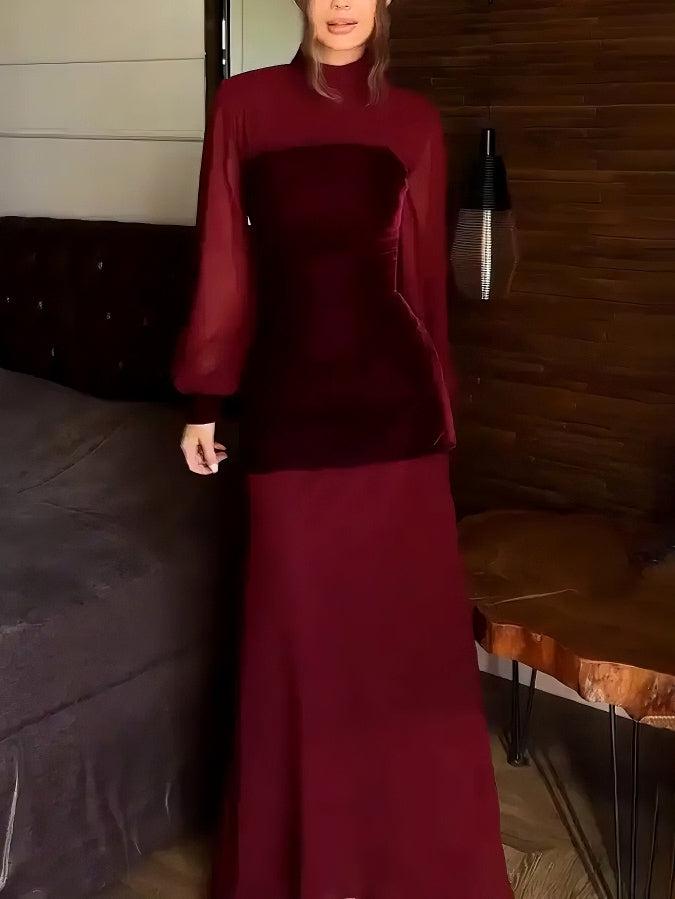 Aurohaya Elegant High Neck Velvet Panel Sheer Sleeve Maxi Dress