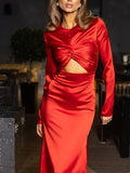 Elegant Twisted Satin Long Sleeve Cutout Maxi Dress