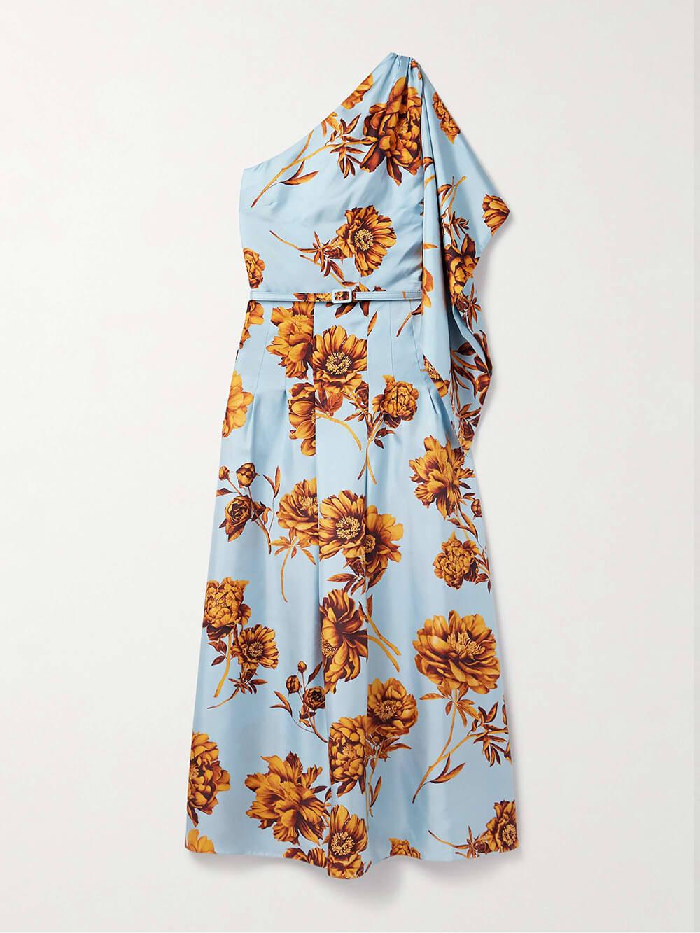 Aurohaya Delicate One-Shoulder Belted Draped Floral-Print Satin Maxi Dress