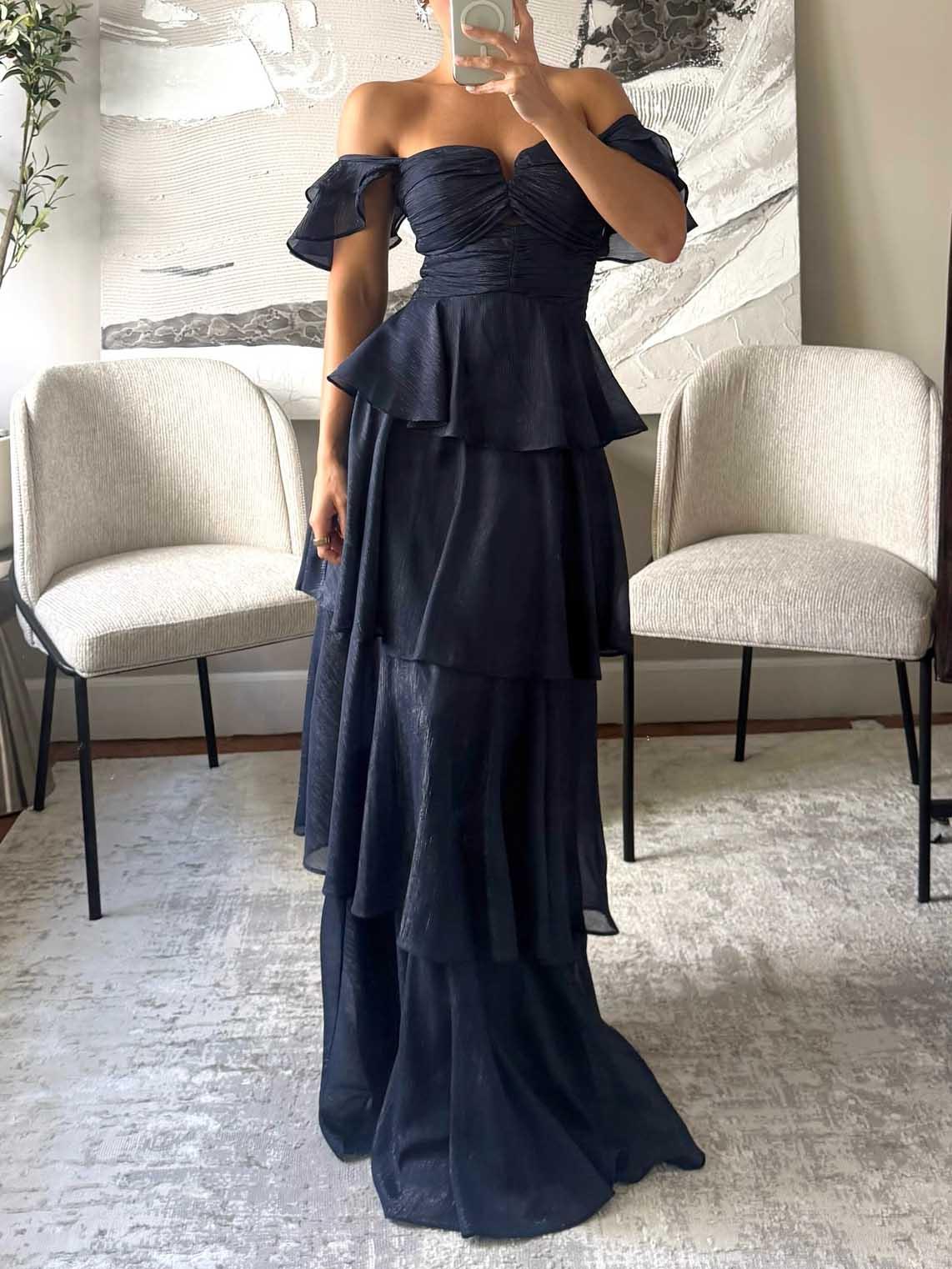 Aurohaya Elegant Off-The-Shoulder Ruffled Tiered Party Maxi Dress Blue