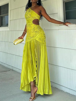 Aurohaya Fashion One-Shoulder Cutout Ruched Maxi Dress