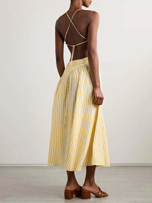 Aurohaya Exquisite Casual Hollow Pleated Striped Print Midi Dress