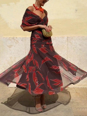 Aurohaya Elegant Off-Shoulder Ruched Leaf Print Maxi Dress
