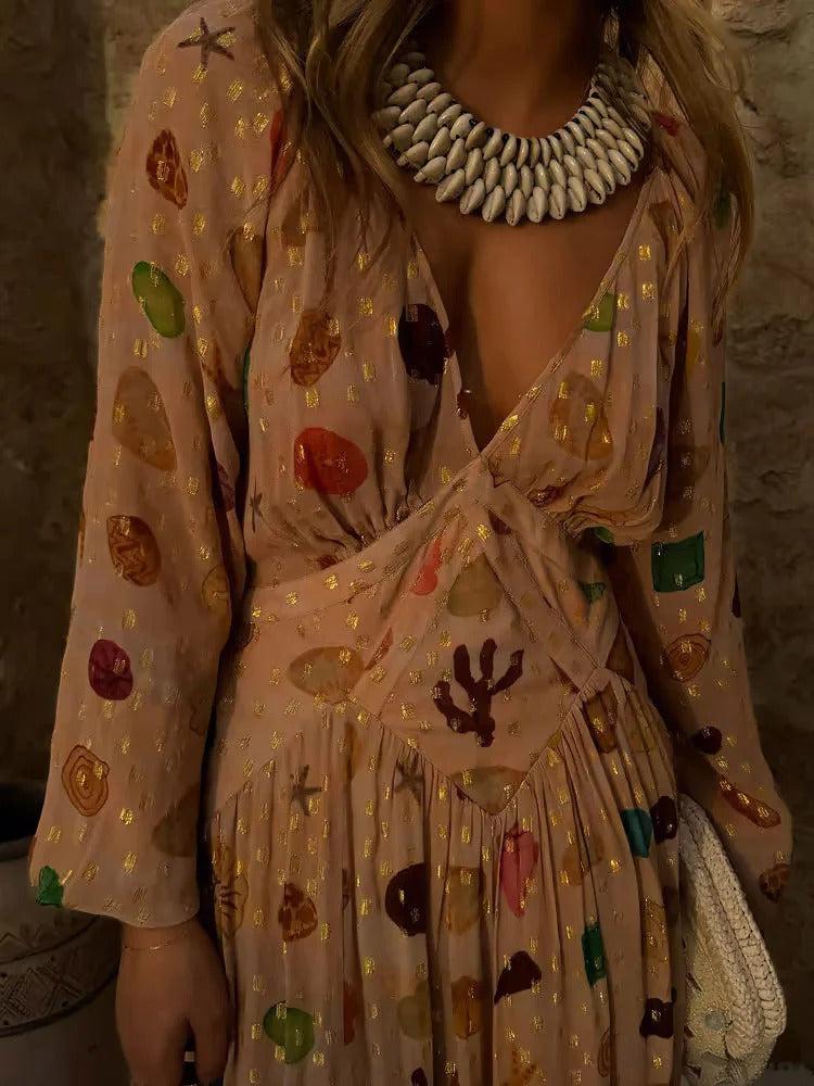 Aurohaya Exquisite Chiffon Shell Print Maxi Dress