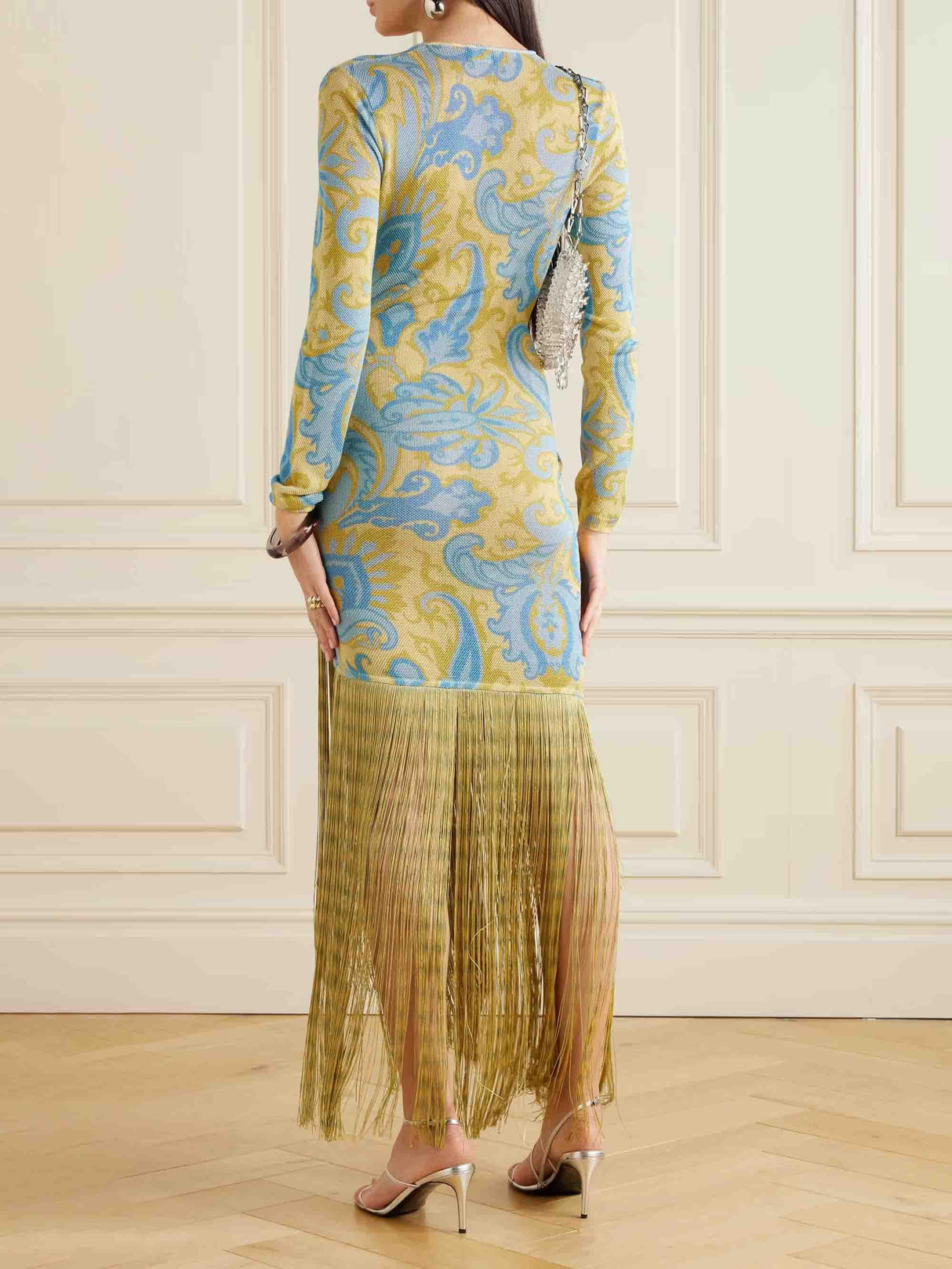Aurohaya Retro Floral Print Fringed Knitted Maxi Dress