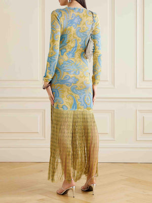 Aurohaya Retro Floral Print Fringed Knitted Maxi Dress