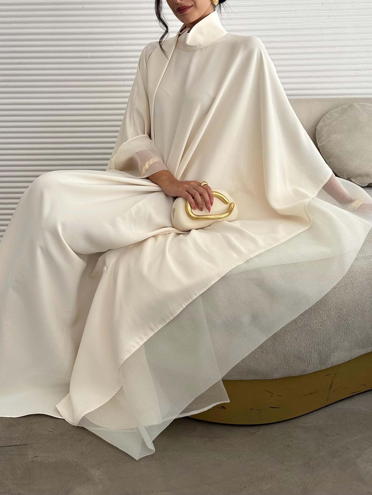 Aurohaya Elegant High-Neck Flowing Cape Maxi Dress
