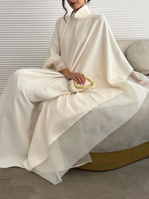 Aurohaya Elegant High-Neck Flowing Cape Maxi Dress
