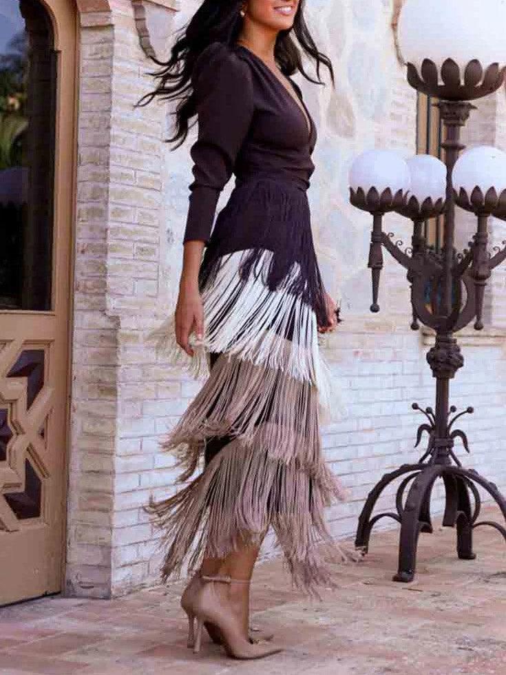 Aurohaya Elegant Contrast Tassel V-Neck Long Sleeve Maxi Dress