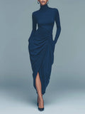 Elegant Turtleneck Draped Side Slit Midi Dress