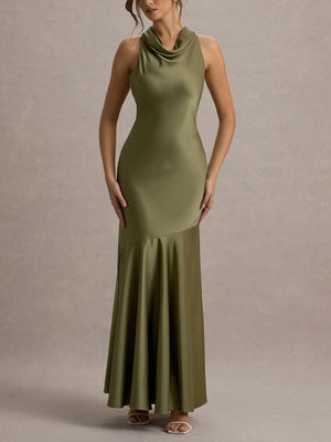 Aurohaya Elegant Satin Cowl Neck Sleeveless Mermaid Maxi Dress