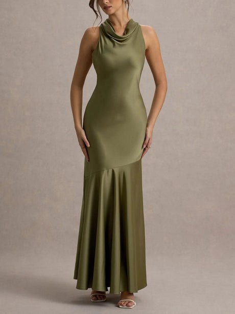 Aurohaya Elegant Satin Cowl Neck Sleeveless Mermaid Maxi Dress