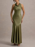 Elegant Satin Cowl Neck Sleeveless Mermaid Maxi Dress