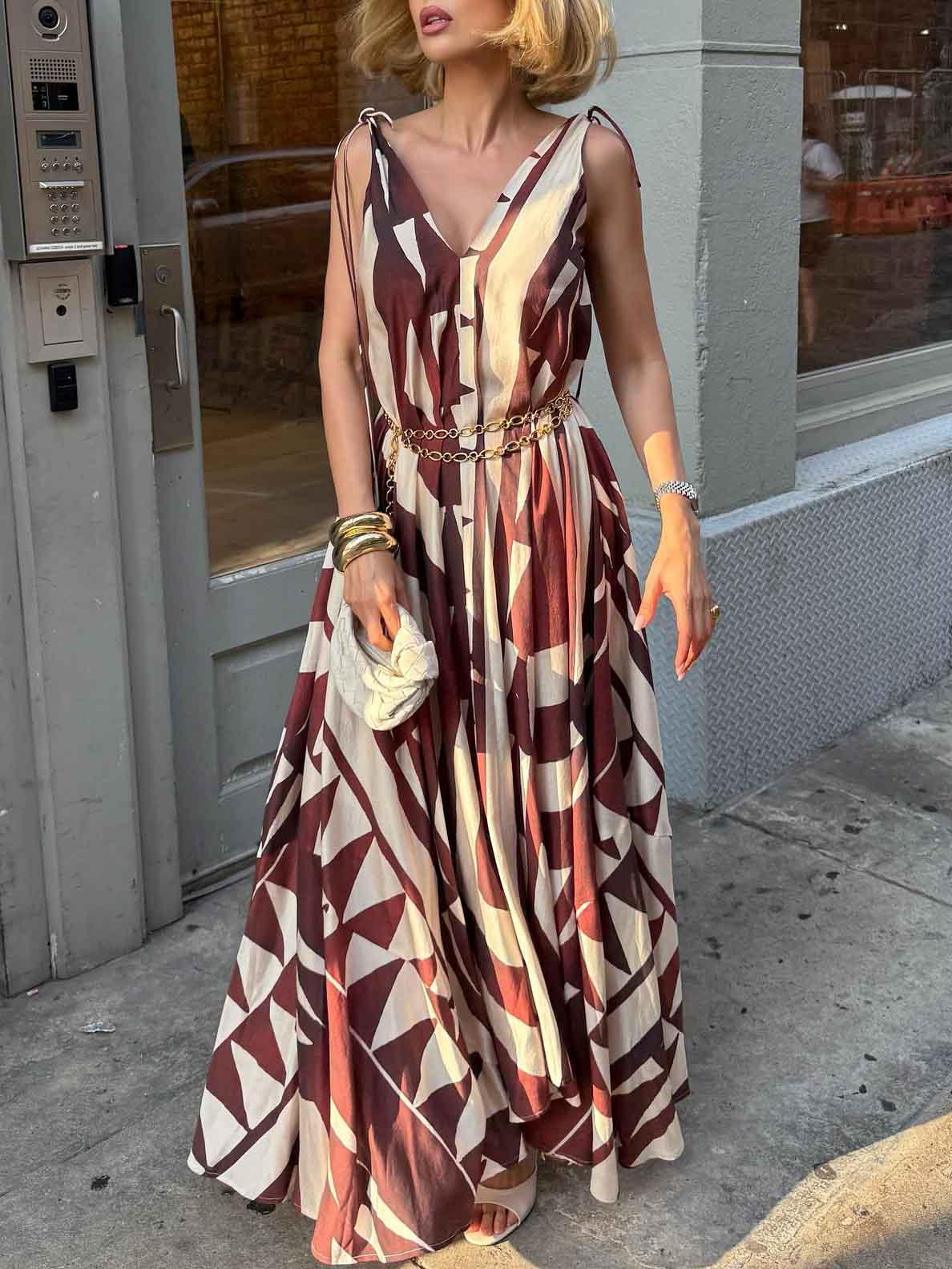 Aurohaya Unique Abstract Geometric Print Deep V-neck Fluffy Maxi Dress Brown