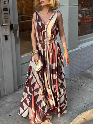 Aurohaya Unique Abstract Geometric Print Deep V-neck Fluffy Maxi Dress Brown