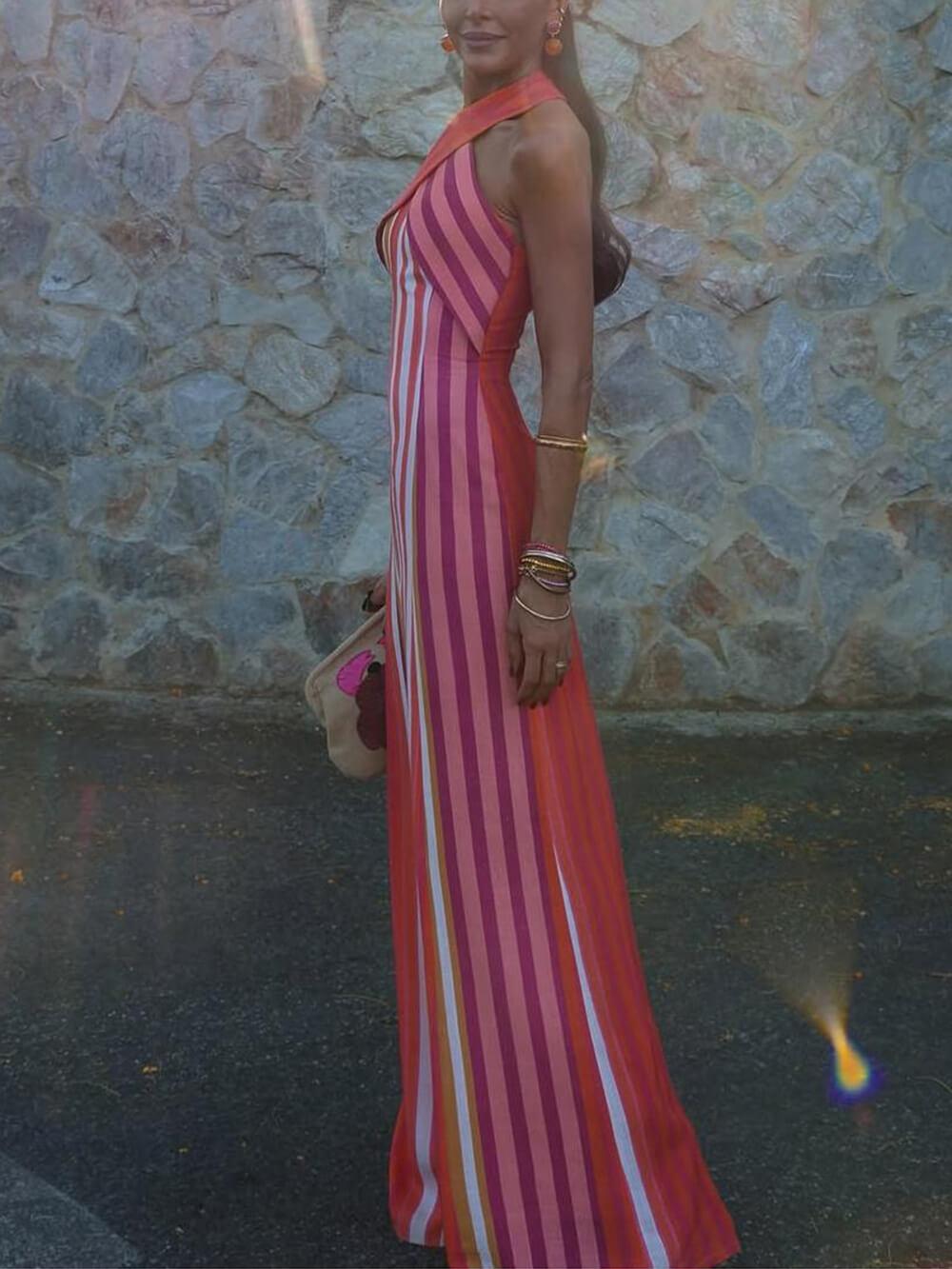 Aurohaya Summer Sunset Samba Cross-Strap Striped Maxi Dress