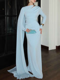 Elegant Satin Pleated Long-sleeved Maxi Dress